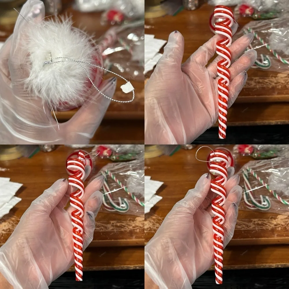 Red And White Striped Icicle and Bauble Christmas Ornaments - Set Of 3 -“Holly
